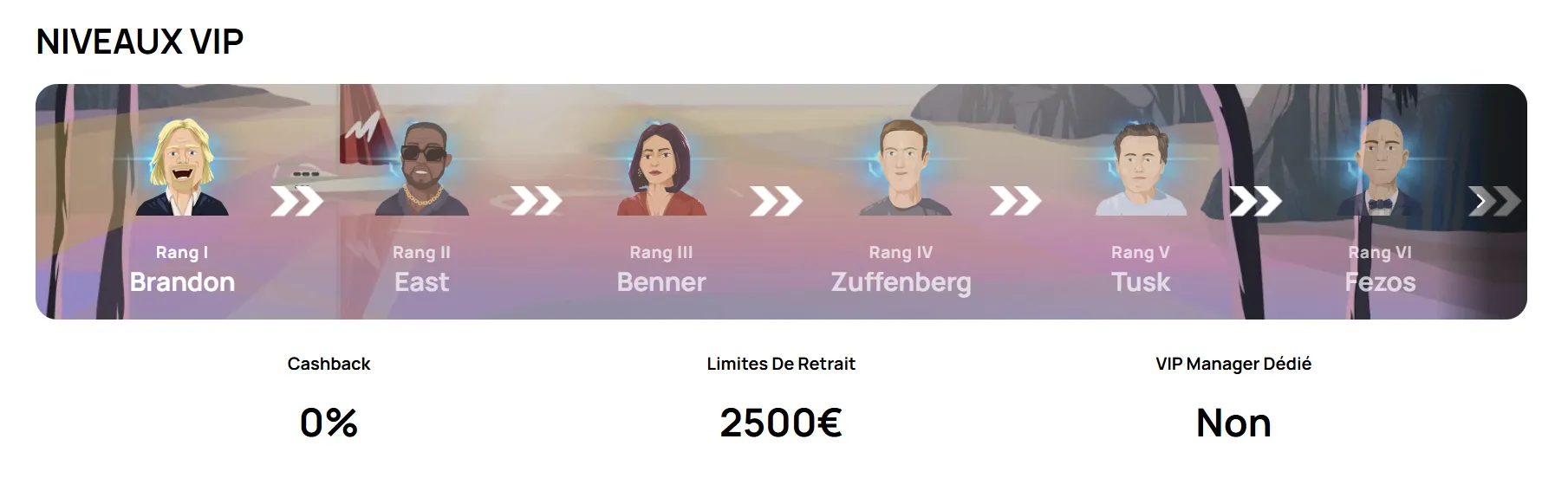 Les différents niveaux du programme VIP de Millionz Casino et leurs seuils de progression